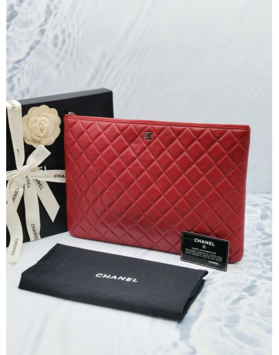 CHANEL O CASE LARGE CLUTCH RASPBERRY QUILTED LAMBSKIN LEATHER YEAR 2015 -FULL SET-