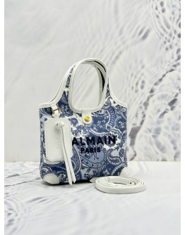 BALMAIN PARIS B-ARMY MINI CROSSBODY BAG IN BLUE PAISLEY PRINT CANVAS AND WHITE LEATHER