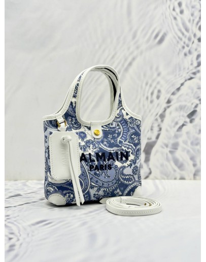 BALMAIN PARIS B-ARMY MINI CROSSBODY BAG IN BLUE PAISLEY PRINT CANVAS AND WHITE LEATHER