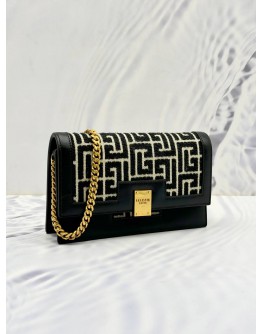 BALMAIN PARIS 1945 MINI CROSSBODY BAG IN BLACK JACQUARD FABRIC AND LEATHER