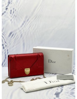 2023 CHRISTIAN DIOR DIORAMA WALLET ON CHAIN IN HOT RED SHINNY METALLIC CANNAGE CALFSKIN LEATHER -FULL SET-