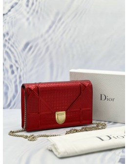 2023 CHRISTIAN DIOR DIORAMA WALLET ON CHAIN IN HOT RED SHINNY METALLIC CANNAGE CALFSKIN LEATHER -FULL SET-