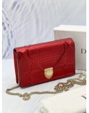 2023 CHRISTIAN DIOR DIORAMA WALLET ON CHAIN IN HOT RED SHINNY METALLIC CANNAGE CALFSKIN LEATHER -FULL SET-