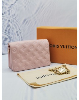 2023 MICROCHIP LOUIS VUITTON POCHETTE COUSSIN IN SOFT PINK MONOGRAM EMBOSSED LAMBSKIN LEATHER WITH REMOVABLE CHAIN -FULL SET-  