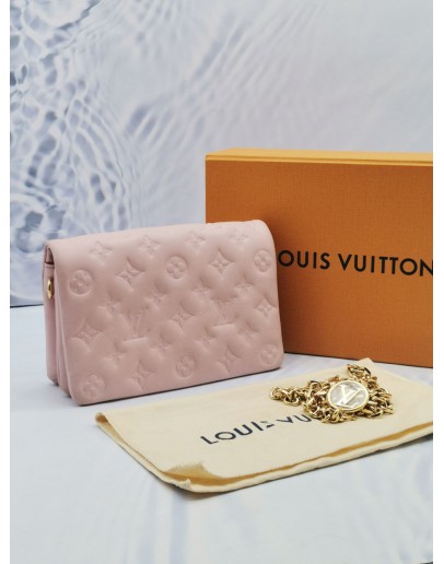 2023 MICROCHIP LOUIS VUITTON POCHETTE COUSSIN IN SOFT PINK MONOGRAM EMBOSSED LAMBSKIN LEATHER WITH REMOVABLE CHAIN -FULL SET-  