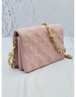 2023 MICROCHIP LOUIS VUITTON POCHETTE COUSSIN IN SOFT PINK MONOGRAM EMBOSSED LAMBSKIN LEATHER WITH REMOVABLE CHAIN -FULL SET-  