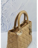 CHRISTIAN DIOR LADY DIOR BEIGE CANNAGE LAMBSKIN LEATHER MEDIUM TOTE HANDLE BAG WITH STRAP GHW