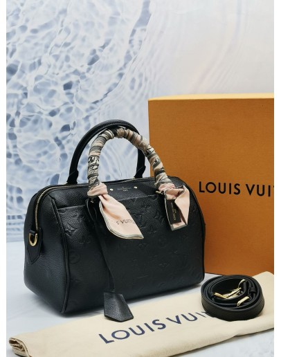 LOUIS VUITTON BANDOULIERE SPEEDY 25 BLACK MONOGRAM EMPREINTE LEATHER HANDLE BAG WITH STRAP AND TWILLY -FULL SET- 