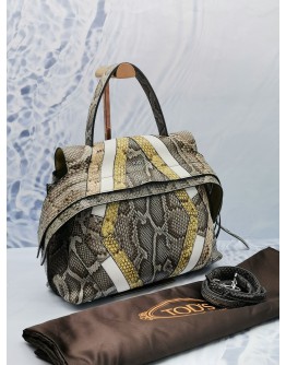 TOD'S WAVE SNAKE SKIN PRINTED LEATHER HANDLE BAG WITH ADJUSTABLE STRAP 