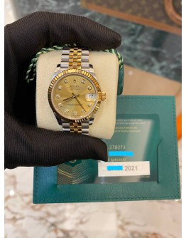 (LIKE NEW) 2021 ROLEX DATEJUST REF 278273 HALF 18K 750 YELLOW GOLD DIAMOND CHAMPAGNE DIAL 31MM AUTOMATIC WATCH -FULL SET-