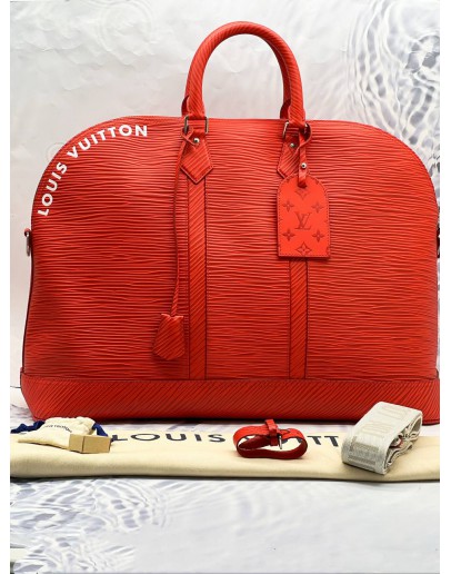 (LIKE NEW) 2024 MICROCHIP LOUIS VUITTON LIMITED EDITION ALMA TRAVEL GM VERMILLON RED EPI XL GRAINED LEATHER -FULL SET-