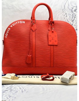 (LIKE NEW) 2024 MICROCHIP LOUIS VUITTON LIMITED EDITION ALMA TRAVEL GM VERMILLON RED EPI XL GRAINED LEATHER -FULL SET-