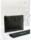 YSL SAINT LAURENT GRAINED BLACK CALFSKIN LEATHER CLUTCH