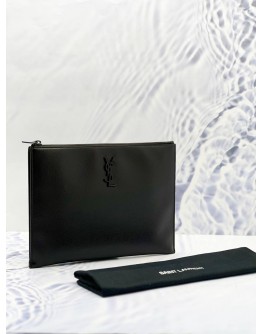 YSL SAINT LAURENT GRAINED BLACK CALFSKIN LEATHER CLUTCH