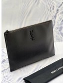 YSL SAINT LAURENT GRAINED BLACK CALFSKIN LEATHER CLUTCH