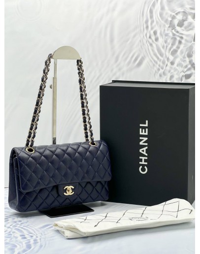 (UNUSED) 2022 MICROCHIP CHANEL CLASSIC DOUBLE FLAP BAG IN MIDNIGHT BLUE CAVIAR LEATHER GHW -FULL SET-