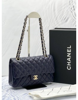 (UNUSED) 2022 MICROCHIP CHANEL CLASSIC DOUBLE FLAP BAG IN MIDNIGHT BLUE CAVIAR LEATHER GHW -FULL SET-