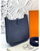 (BRAND NEW) YEAR 2021 HERMES MINI EVELYNE TPM BLUE NUIT/ BLUE INDIGO CLEMENCE TOGO LEATHER  WITH GOLD HARDWARE SHOULDER BAG STAMP Z -FULL SET-