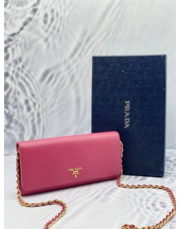 PRADA 1MT290 SAFFIANO LETAHER METAL CHAIN WALLET PEONIA WITH GOLD HARDWARE 