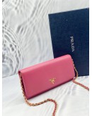 PRADA 1MT290 SAFFIANO LETAHER METAL CHAIN WALLET PEONIA WITH GOLD HARDWARE 