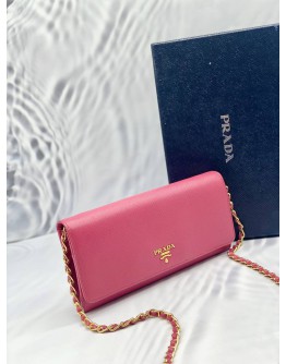 PRADA 1MT290 SAFFIANO LETAHER METAL CHAIN WALLET PEONIA WITH GOLD HARDWARE 