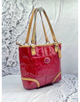 COACH 22322 PEYTON PATENT LEATHER TOTE MAGENTA W/ NATURAL LEATHER HANDLES