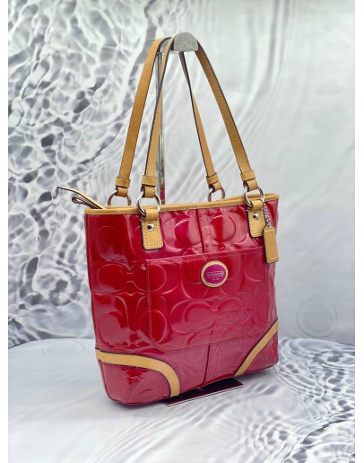 COACH 22322 PEYTON PATENT LEATHER TOTE MAGENTA W/ NATURAL LEATHER HANDLES