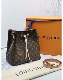 LOUIS VUITTON NEONOE BUCKET BAG IN BROWN MONOGRAM CANVAS / PINK LEATHER -FULL SET-