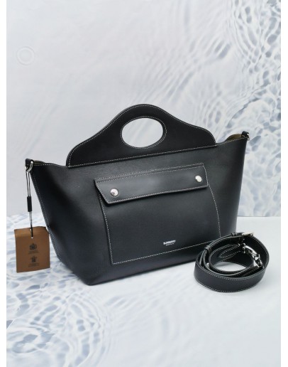 BURBERRY POCKET TOP STICHED MEDIUM TOTE BAG IN BLACK SOFT LEATHER 