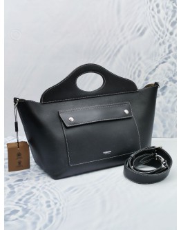 BURBERRY POCKET TOP STICHED MEDIUM TOTE BAG IN BLACK SOFT LEATHER 