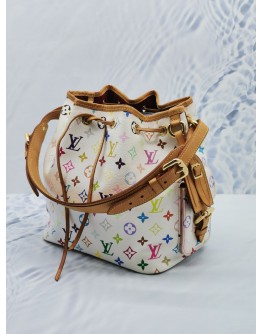 LOUIS VUITTON TAKASHI MURAKAMI X WHITE MONOGRAM MULTICOLOR CANVAS NOE PETIPE MM SHOULDER BAG