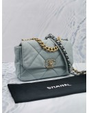 (LIKE NEW) 2023 MICROCHIP CHANEL 19 LIGHT BLUE QUILTED LAMBSKIN LEATHER FLAP BAG