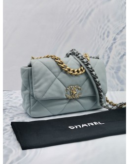 (LIKE NEW) 2023 MICROCHIP CHANEL 19 LIGHT BLUE QUILTED LAMBSKIN LEATHER FLAP BAG