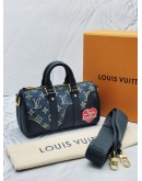 (LIKE NEW) 2022 MICORCHIP LOUIS VUITTON X NIGO KEEPALL BANDOULIERE 25 MONOGRAM DENIM AND CALFSKIN LEATHER -FULL SET-  