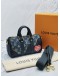 (LIKE NEW) 2022 MICORCHIP LOUIS VUITTON X NIGO KEEPALL BANDOULIERE 25 MONOGRAM DENIM AND CALFSKIN LEATHER -FULL SET-  