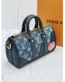 (LIKE NEW) 2022 MICORCHIP LOUIS VUITTON X NIGO KEEPALL BANDOULIERE 25 MONOGRAM DENIM AND CALFSKIN LEATHER -FULL SET-  