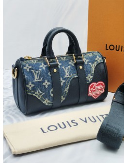 (LIKE NEW) 2022 MICORCHIP LOUIS VUITTON X NIGO KEEPALL BANDOULIERE 25 MONOGRAM DENIM AND CALFSKIN LEATHER -FULL SET-  