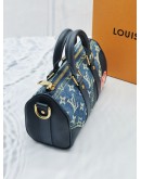 (LIKE NEW) 2022 MICORCHIP LOUIS VUITTON X NIGO KEEPALL BANDOULIERE 25 MONOGRAM DENIM AND CALFSKIN LEATHER -FULL SET-  