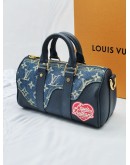 (LIKE NEW) 2022 MICORCHIP LOUIS VUITTON X NIGO KEEPALL BANDOULIERE 25 MONOGRAM DENIM AND CALFSKIN LEATHER -FULL SET-  