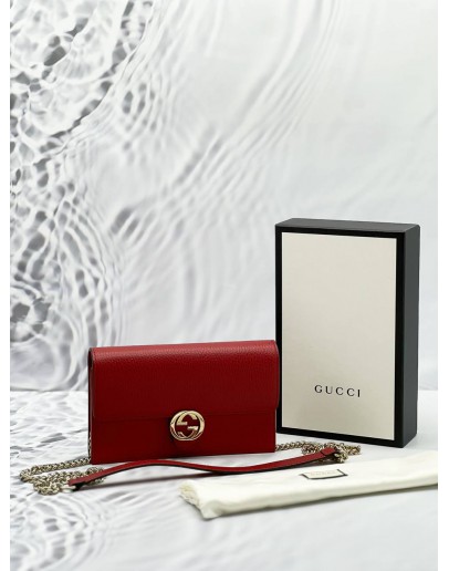 (LIKE NEW) GUCCI ICON GG INTERLOCKING WALLET ON CHAIN IN RED CALFSKIN LEATHER -FULL SET- 