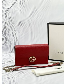 (LIKE NEW) GUCCI ICON GG INTERLOCKING WALLET ON CHAIN IN RED CALFSKIN LEATHER -FULL SET- 