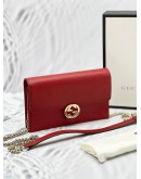 (LIKE NEW) GUCCI ICON GG INTERLOCKING WALLET ON CHAIN IN RED CALFSKIN LEATHER -FULL SET- 