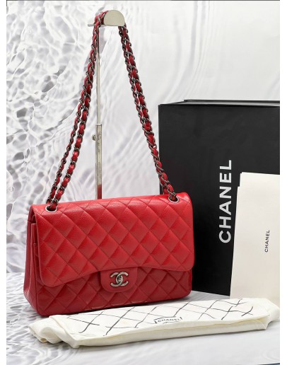 CHANEL CLASSIC JUMBO DOUBLE FLAP BAG IN RED QUILTED CAVIAR LEATHER AGED RUTHENIUM HARDWARE