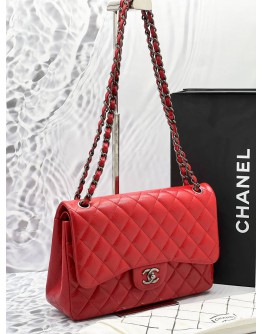 CHANEL CLASSIC JUMBO DOUBLE FLAP BAG IN RED QUILTED CAVIAR LEATHER AGED RUTHENIUM HARDWARE