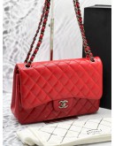 CHANEL CLASSIC JUMBO DOUBLE FLAP BAG IN RED QUILTED CAVIAR LEATHER AGED RUTHENIUM HARDWARE