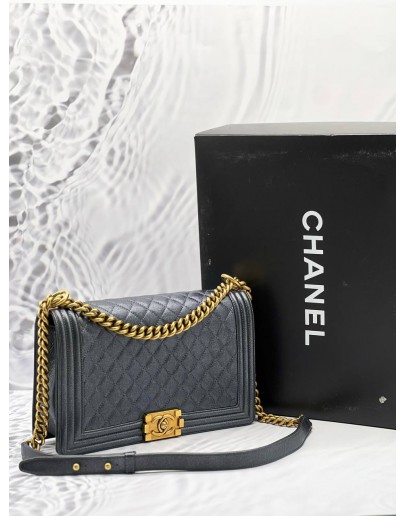 CHANEL NEW MEDIUM FLAP BAG IN METALLIC DARK GREY WITH AGED GOLD HARDWARE 