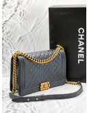 CHANEL NEW MEDIUM FLAP BAG IN METALLIC DARK GREY WITH AGED GOLD HARDWARE 