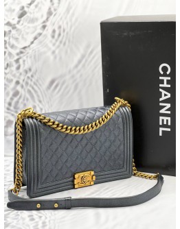 CHANEL NEW MEDIUM FLAP BAG IN METALLIC DARK GREY WITH AGED GOLD HARDWARE 