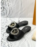 (BRAND NEW) 2023 LOUIS VUITTON MADELEINE FLAT SANDALS IN BLACK SATIN SIZE 38 -FULL SET-