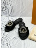 (BRAND NEW) 2023 LOUIS VUITTON MADELEINE FLAT SANDALS IN BLACK SATIN SIZE 38 -FULL SET-